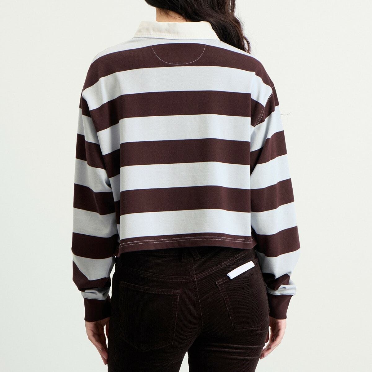 Good American Women's Cropped Rugby Polo Top in Espresso Sky Block Stripe