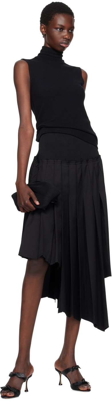 Rokh Black Ribbed Pleated Midi Skirt