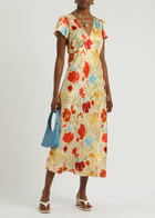 Kitri Effie Floral-print Satin Midi Dress Yellow