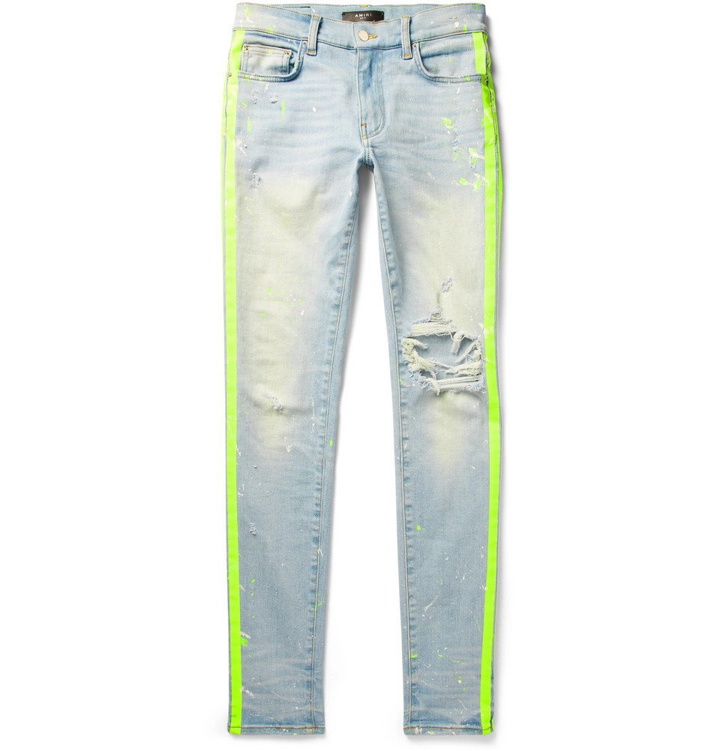Photo: AMIRI - Broken Painter Skinny-Fit Neon-Striped Distressed Stretch-Denim Jeans - Light blue