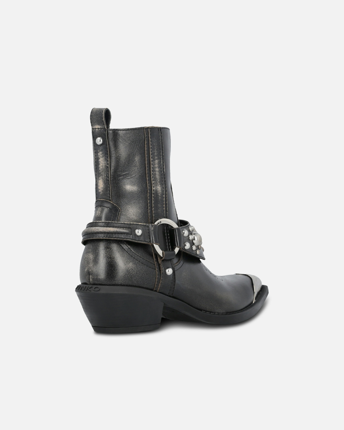 Pinko Ankle Cowboy Boots In Distressed Leather With A Metal Toe Cap Limo Black