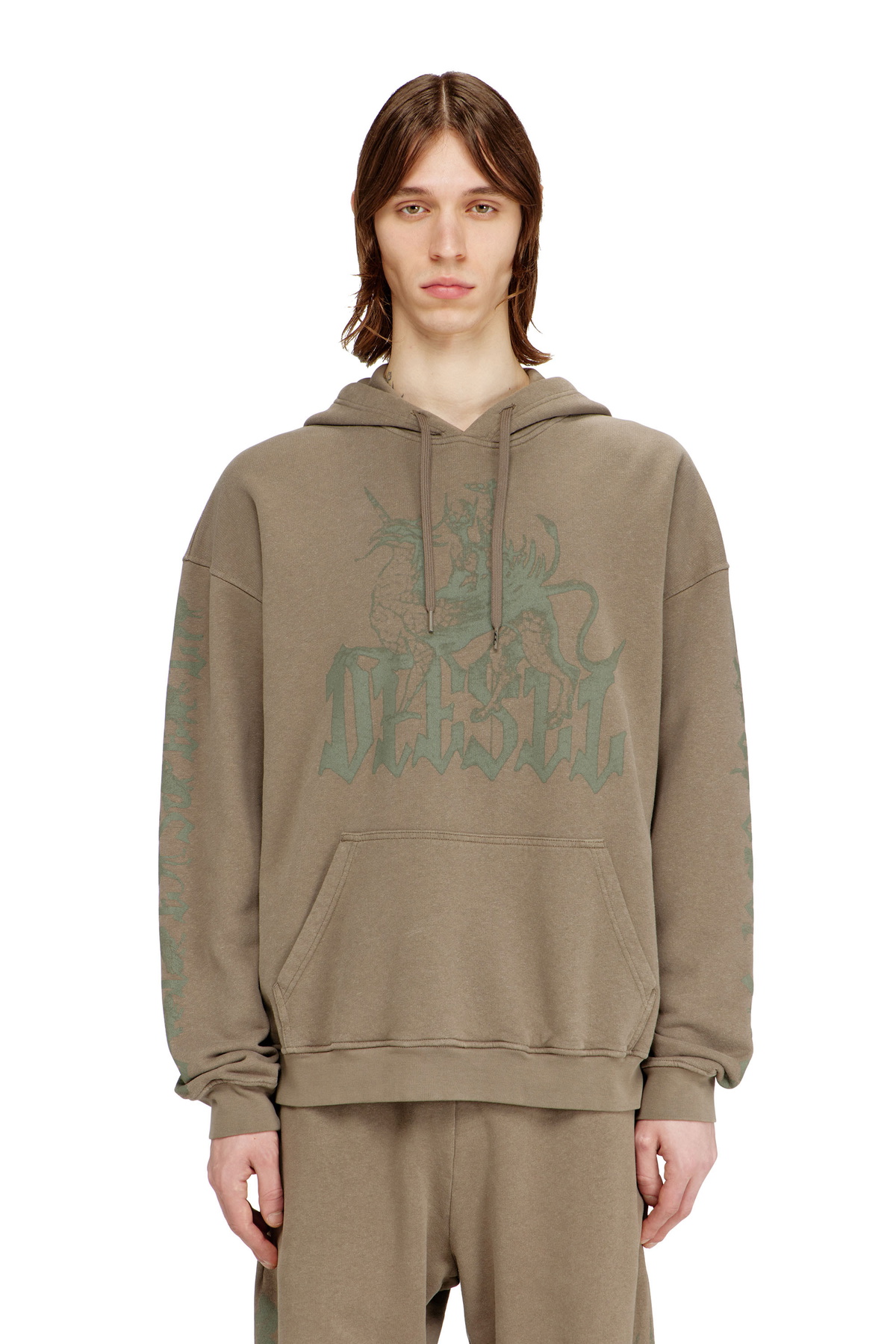 Diesel Treated hoodie with griffin print - Sweaters Mens in Brown