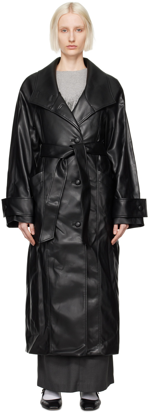 OPEN YY Black High Neck Collar Faux-Leather Trench Coat OPEN YY