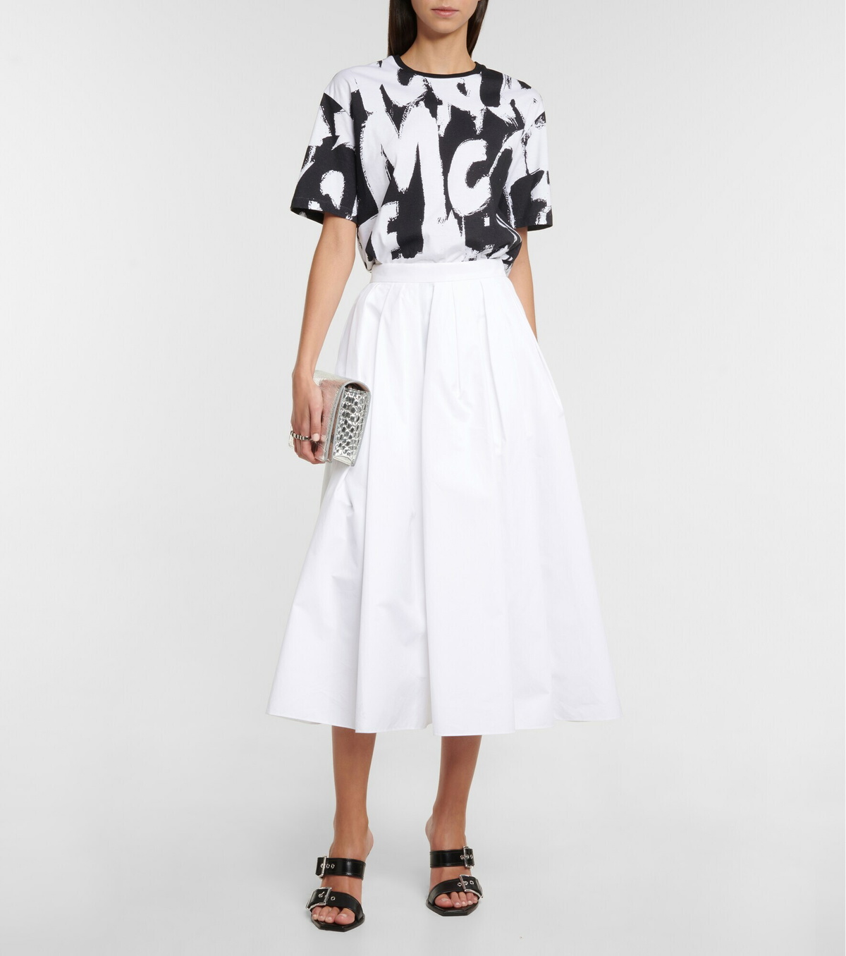 スカート ALEXANDER MCQUEEN BLACK AND GREY COTTON SKIRT Alexander McQueen Pleated Midi Skirt | Black | FARFETCH