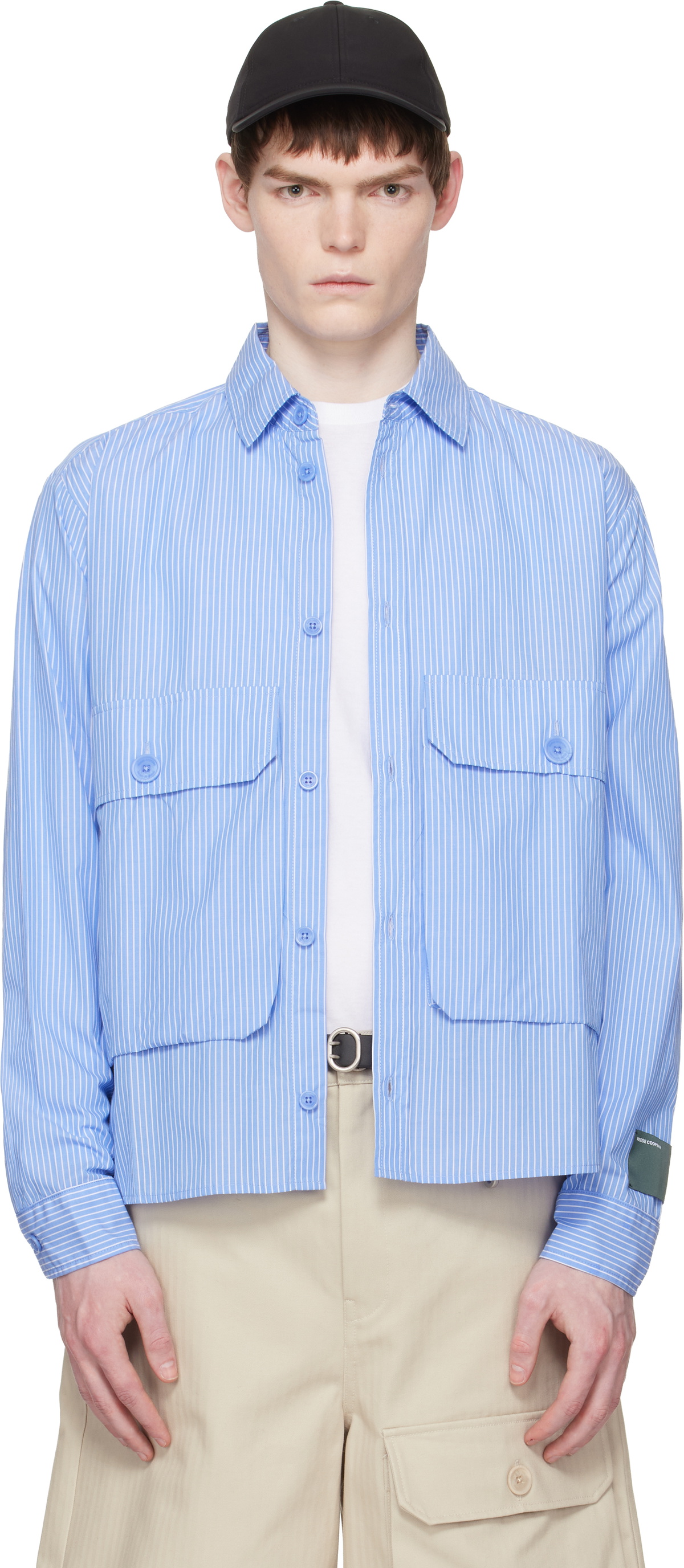 Reese Cooper Blue Cotton Chambray Cargo Button Down Shirt