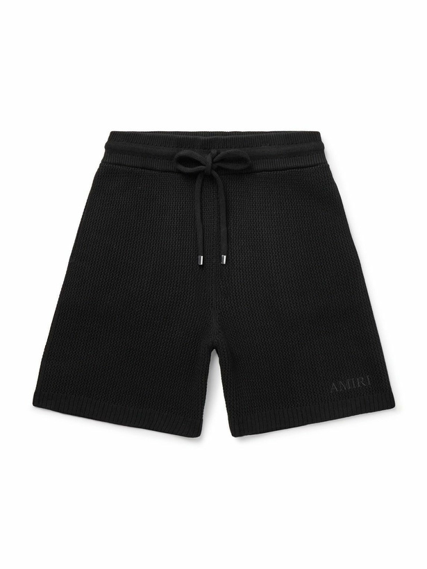 Photo: AMIRI - Straight-Leg Logo-Embroidered Crocheted Cotton Drawstring Shorts - Black
