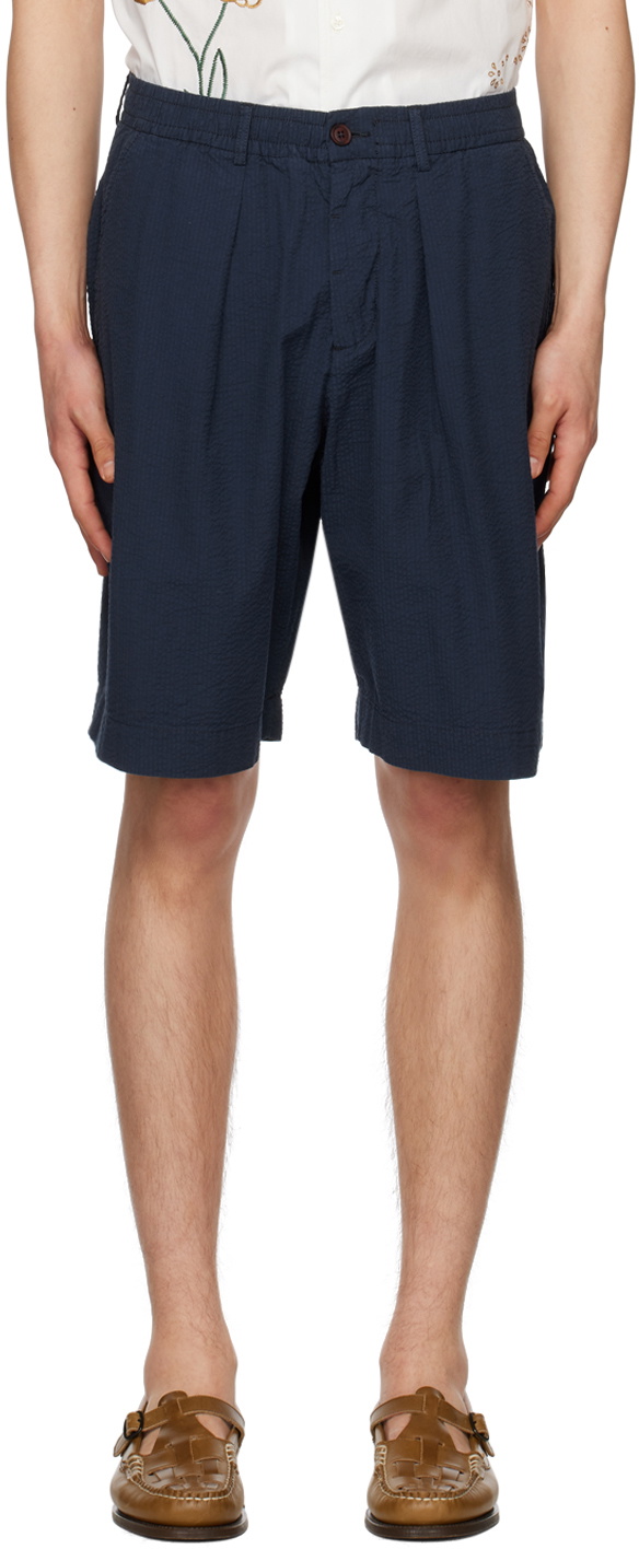 Universal Works Navy Pleated Shorts Universal Works