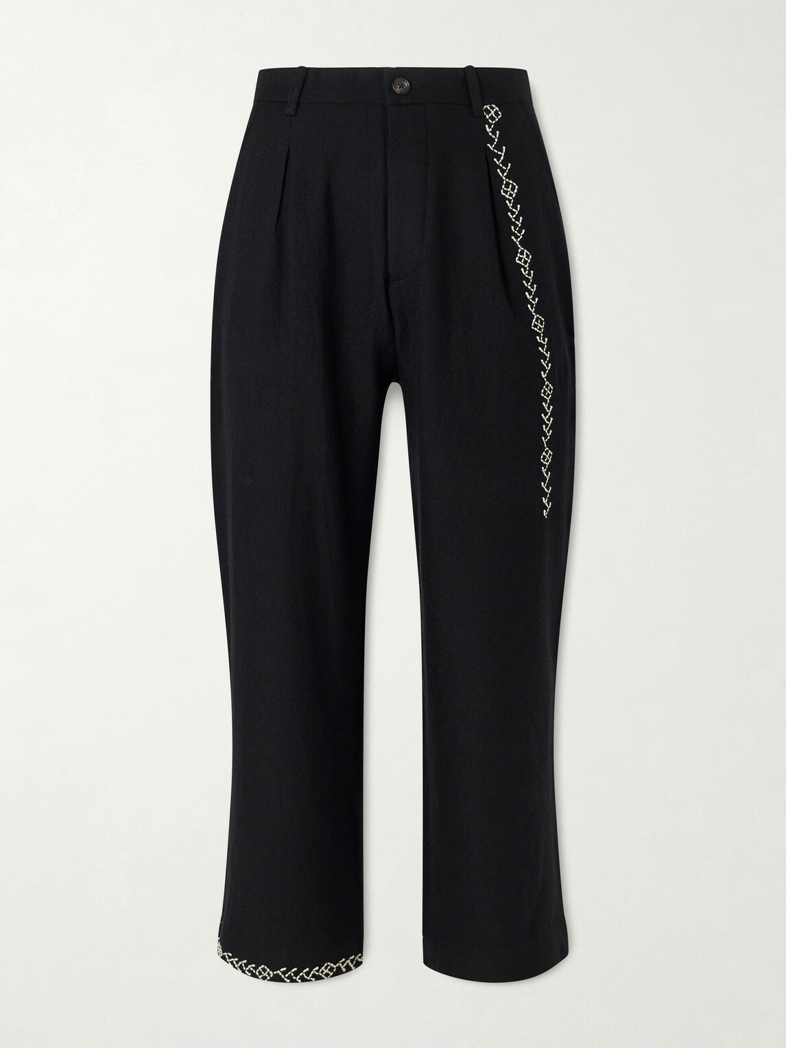 Kartik Research - Straight-Leg Pleated Embroidered Wool Trousers - Black