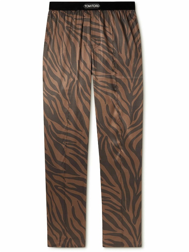 Photo: TOM FORD - Logo-Appliquéd Animal-Printed Velvet-Trimmed Silk-Blend Pyjama Trousers - Brown