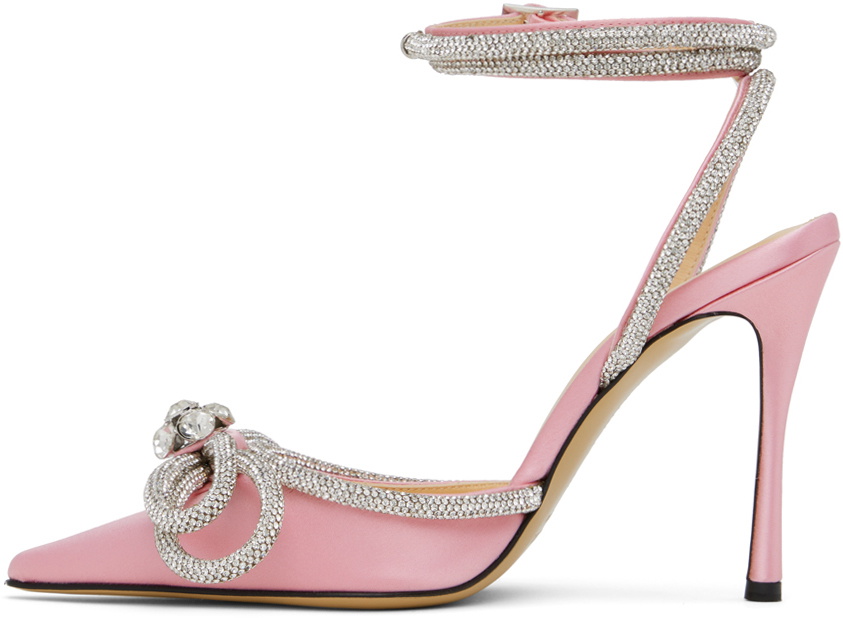 靴 Mach & Mach Pink Satin DoubleBow Crystal Double Bow - Women's Pink Satin Mules with Strass Details