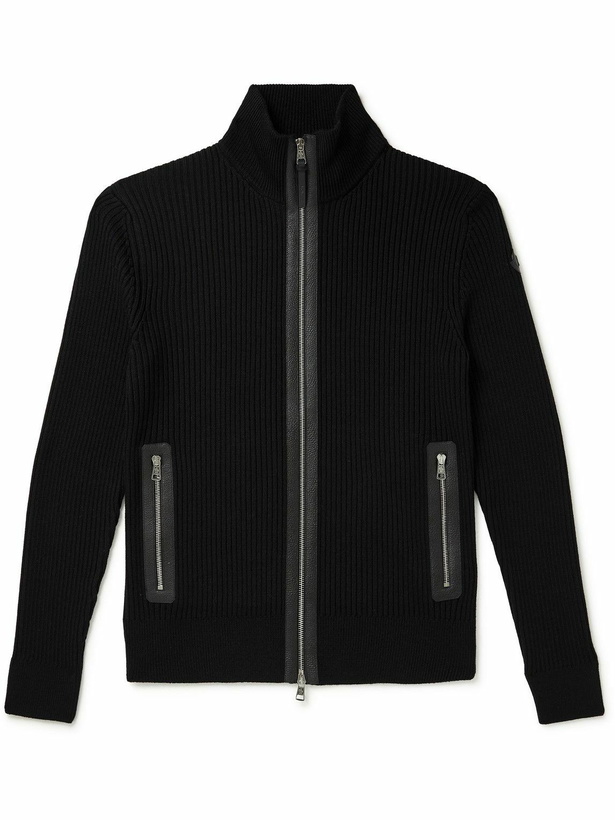 Photo: Moncler - Leather-Trimmed Ribbed Virgin Wool Cardigan - Black