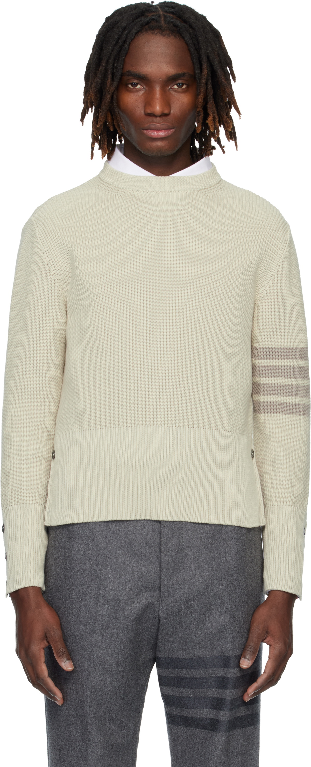 Thom Browne Beige Cotton Cardigan Stitch 4-Bar Sweater