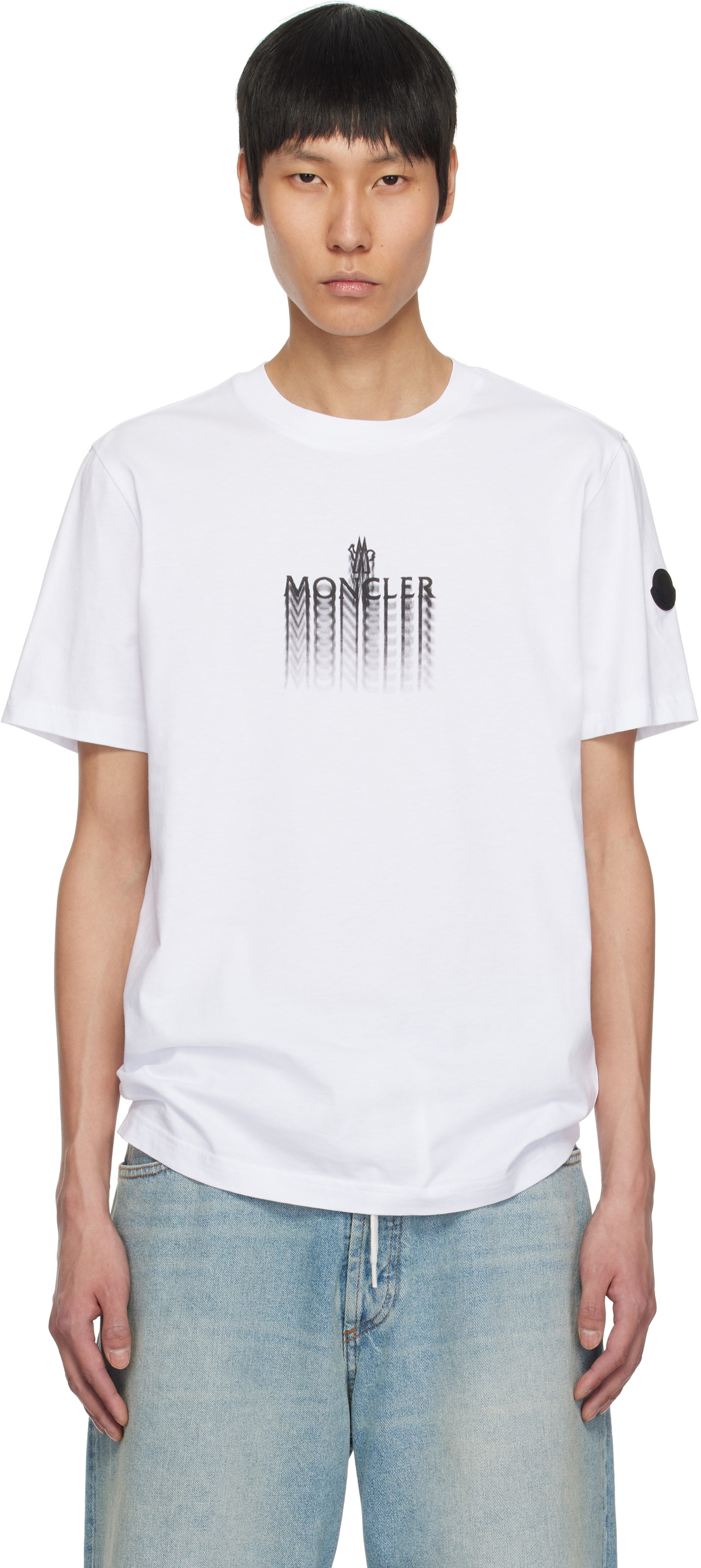 Moncler: White Faded Logo Cotton T-shirt | SSENSE