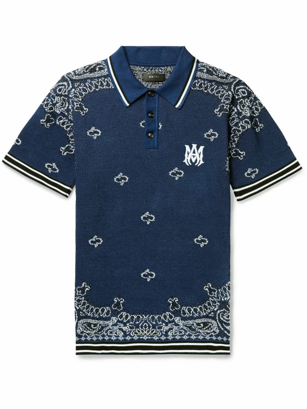 Photo: AMIRI - Logo-Embroidered Crocheted Cotton and Cashmere-Blend Polo Shirt - Blue