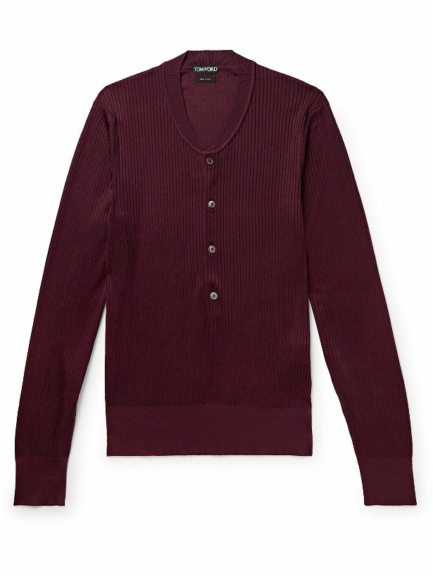 Photo: TOM FORD - Ribbed Mulberry Silk Henley T-Shirt - Burgundy