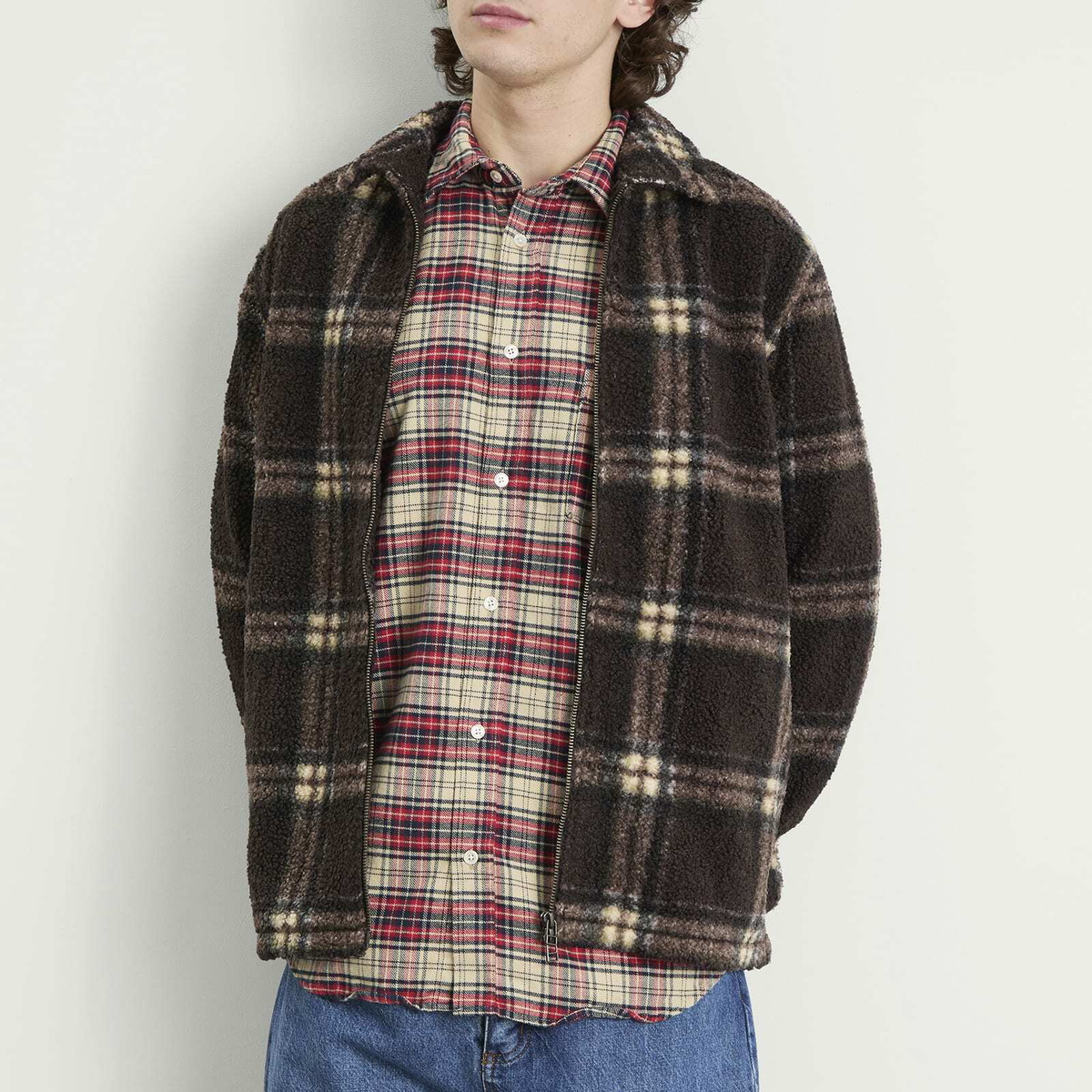 Foret Men's Cabin Fleece Jacket in Brown/Check