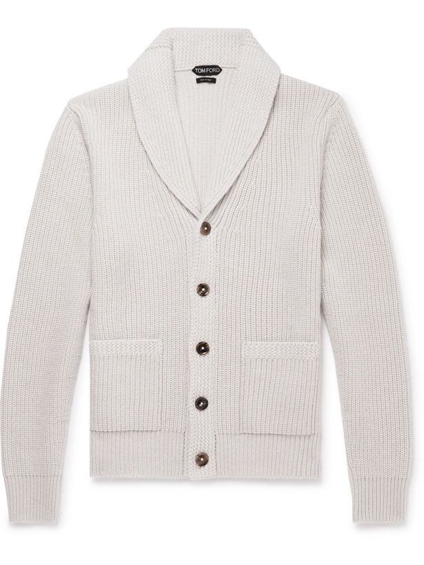 Photo: TOM FORD - Shawl-Collar Ribbed Cashmere and Linen-Blend Cardigan - Neutrals