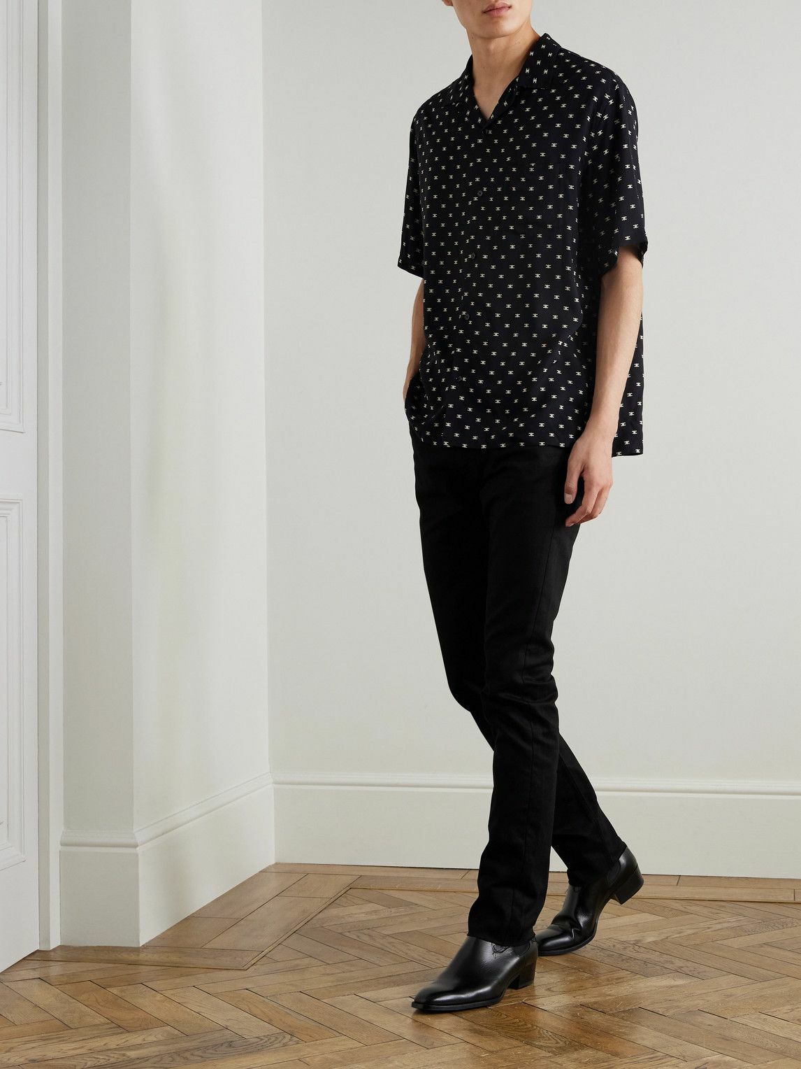 CELINE - Convertible-Collar Logo-Print Silk-Satin Shirt - Black