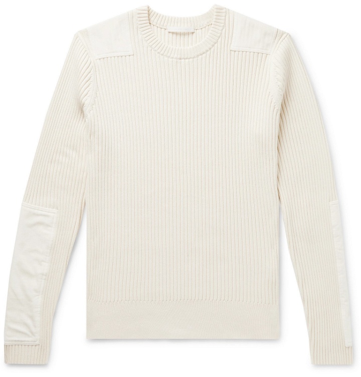 Photo: Helmut Lang - Velvet-Panelled Ribbed Cotton and Cashmere-Blend Sweater - Neutrals