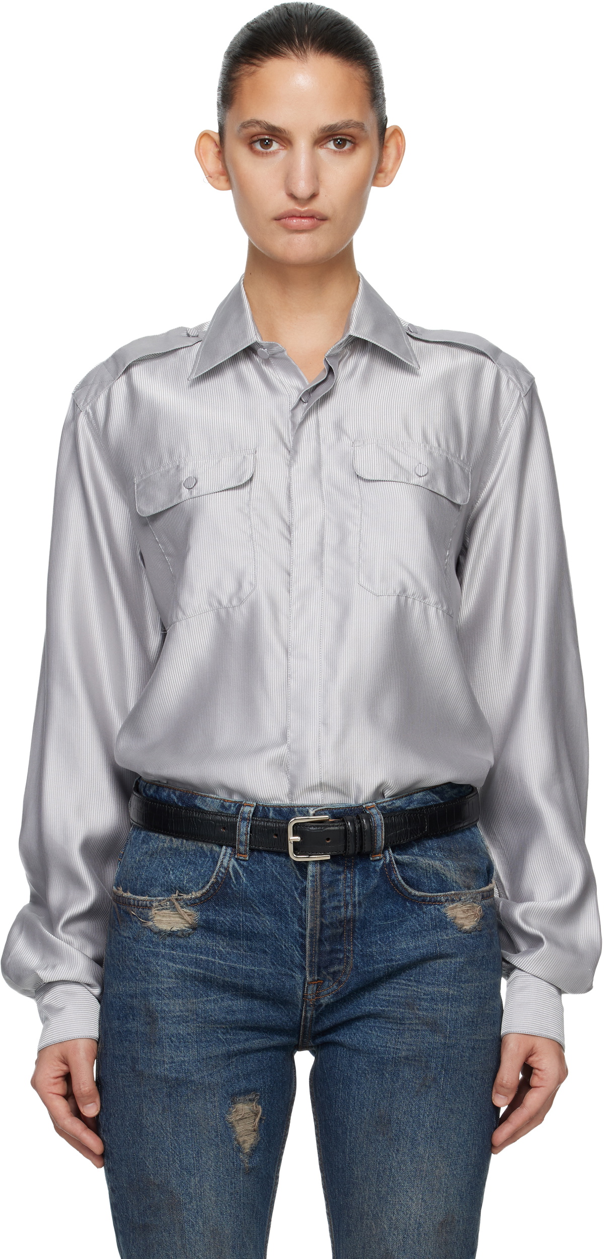 AARON ESH Gray Silk Military Shirt