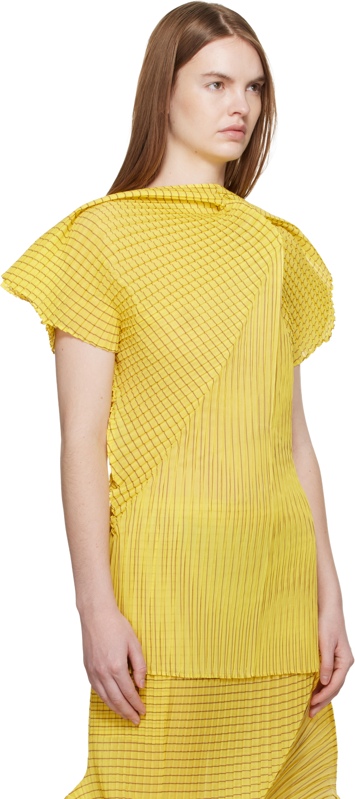 ISSEY MIYAKE Yellow Generic Stripes Machine Pleats Blouse