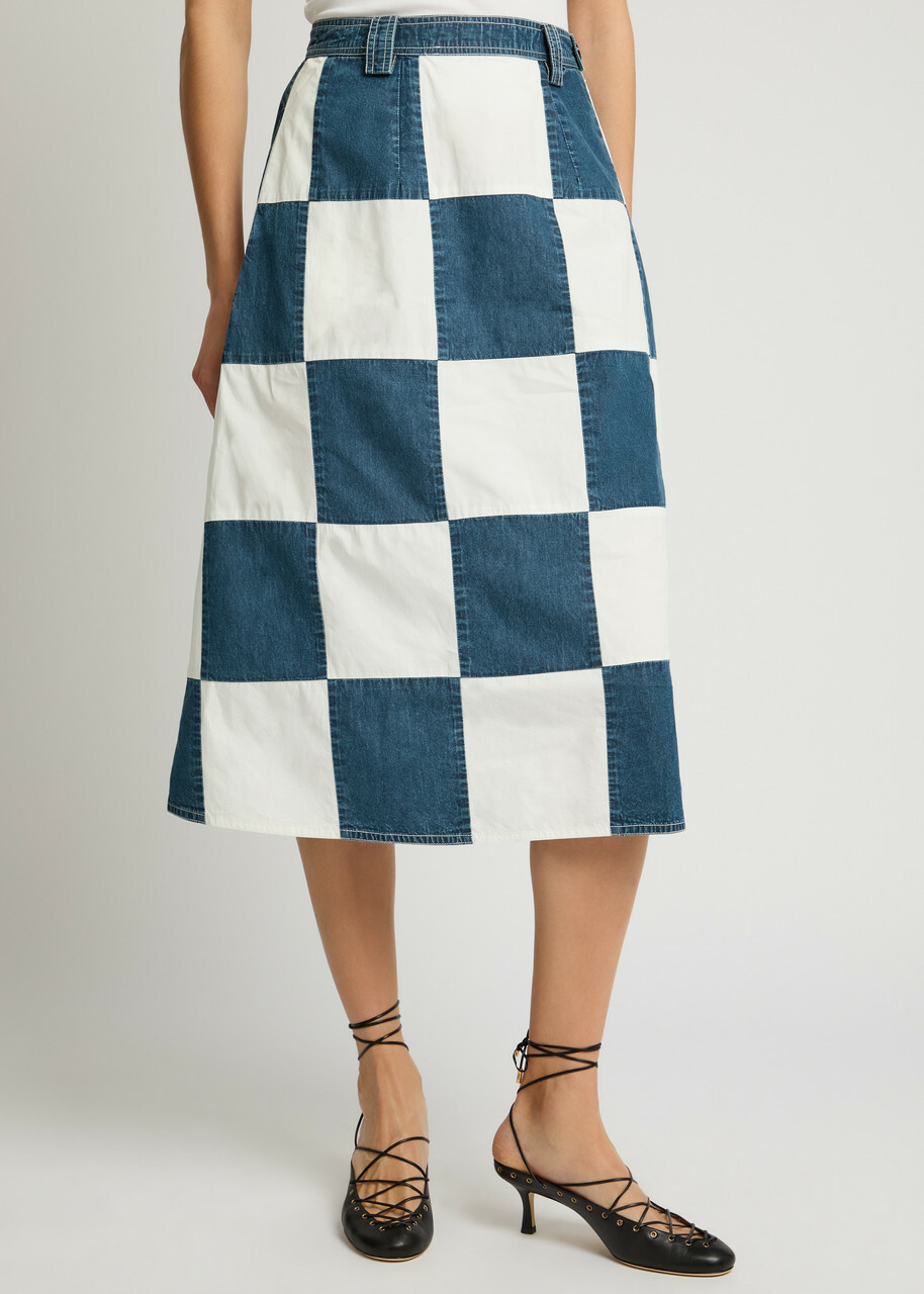 Lovebirds Darcey Checked Cotton and Denim Midi Skirt Blue And White