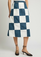 Lovebirds Darcey Checked Cotton and Denim Midi Skirt Blue And White