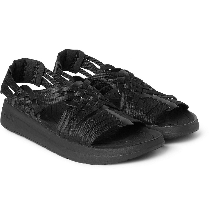 Photo: Malibu - Canyon Faux Leather-Trimmed Woven Webbing Sandals - Black