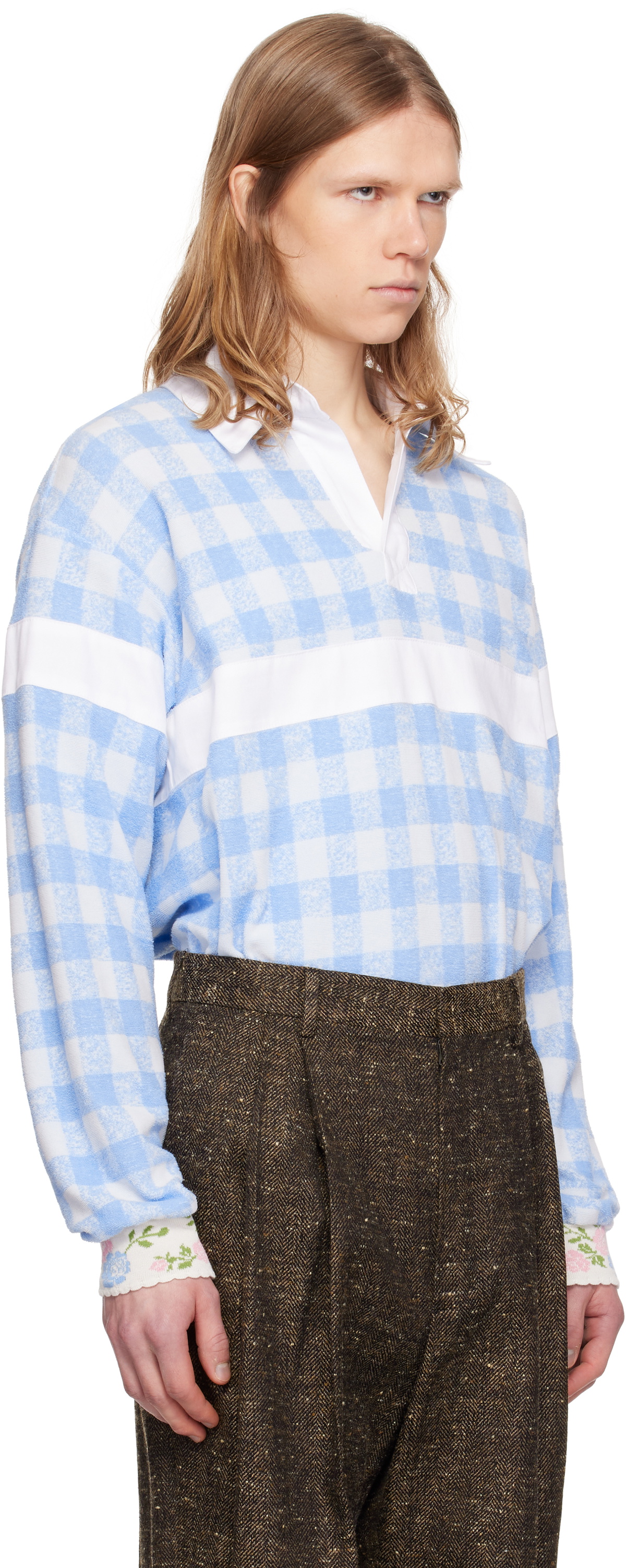 Anna Sui Black & White Gingham Terry Long Sleeve Polo