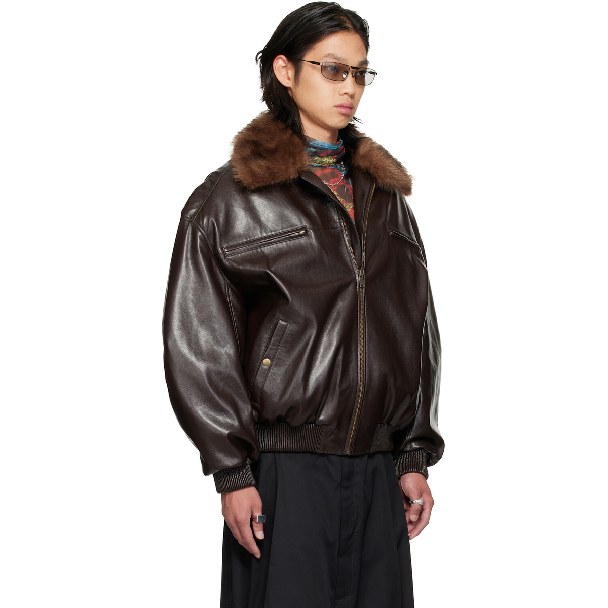 LU'U DAN Brown Faux-Leather Cargo Flight Jacket