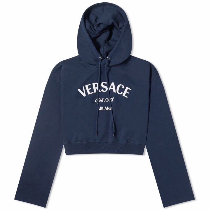 Photo: Versace Women's Cropped Hoodie With Front Logo in Navy Blue/White