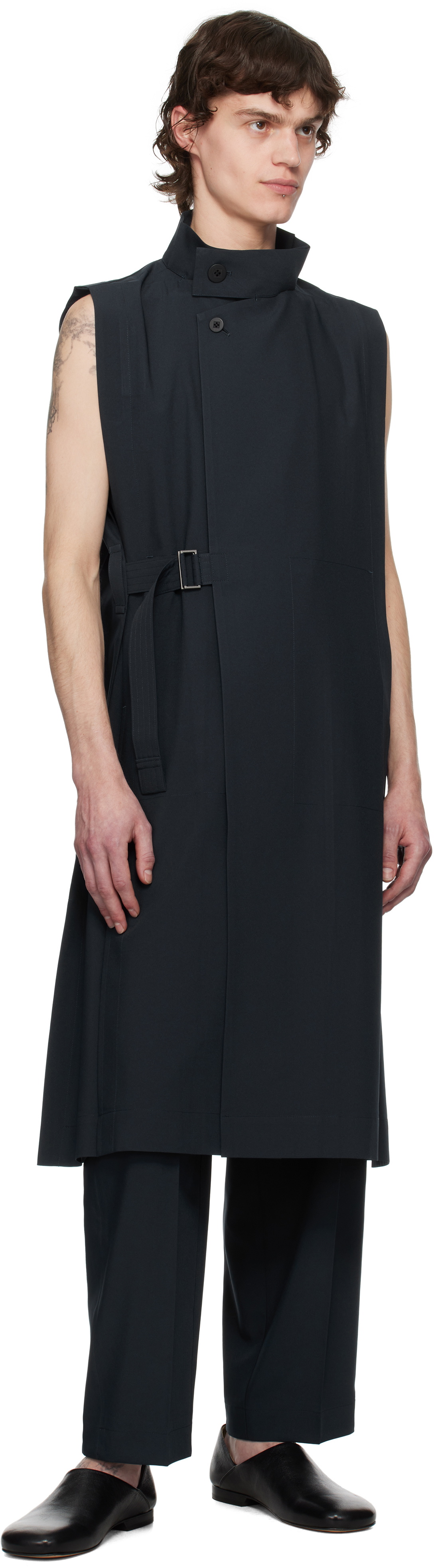 132 5. ISSEY MIYAKE Navy Flat Tuck Coat