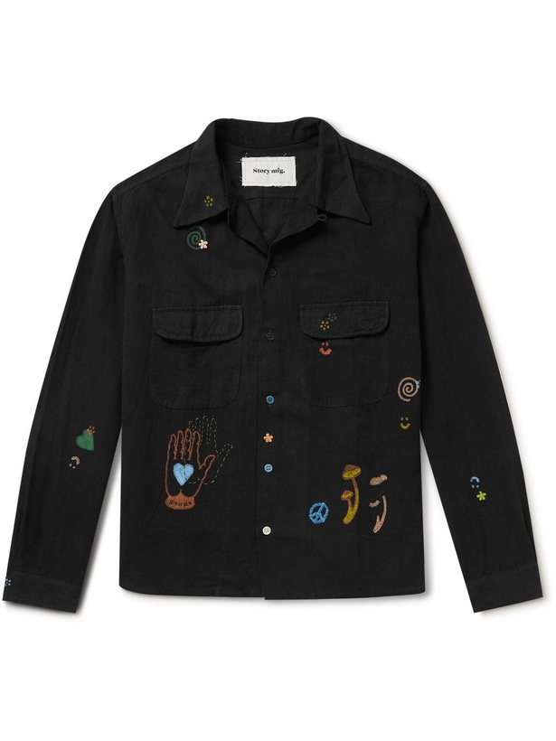 Photo: Story Mfg. - Snack Embroidered Printed Organic Cotton and Linen-Blend Shirt - Black