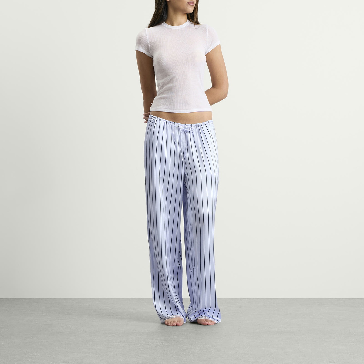 SKIMS Women's Woven Shine Pant With Lace in Powder Blue Stripe