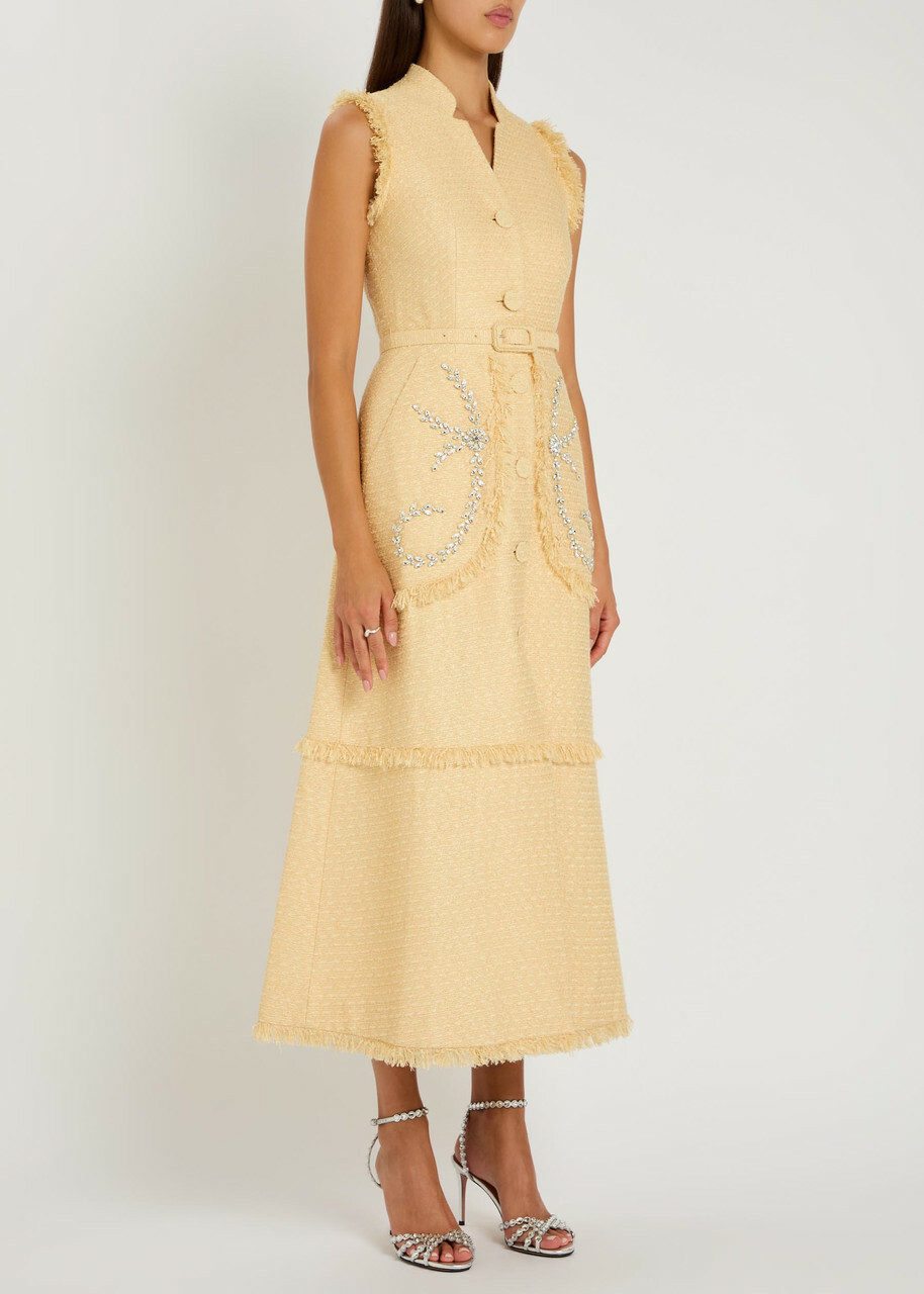 Huishan Zhang Corinthe Crystal-embellished Belted Tweed Midi Dress Yellow