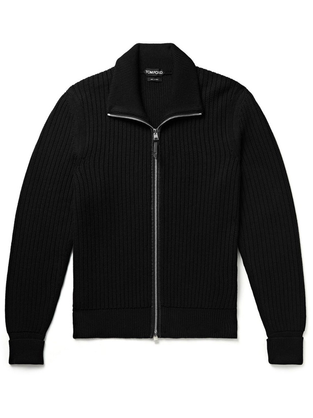 Photo: TOM FORD - Leather-Trimmed Ribbed Wool and Cashmere-Blend Zip-Up Cardigan - Black