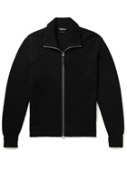 TOM FORD - Leather-Trimmed Ribbed Wool and Cashmere-Blend Zip-Up Cardigan - Black