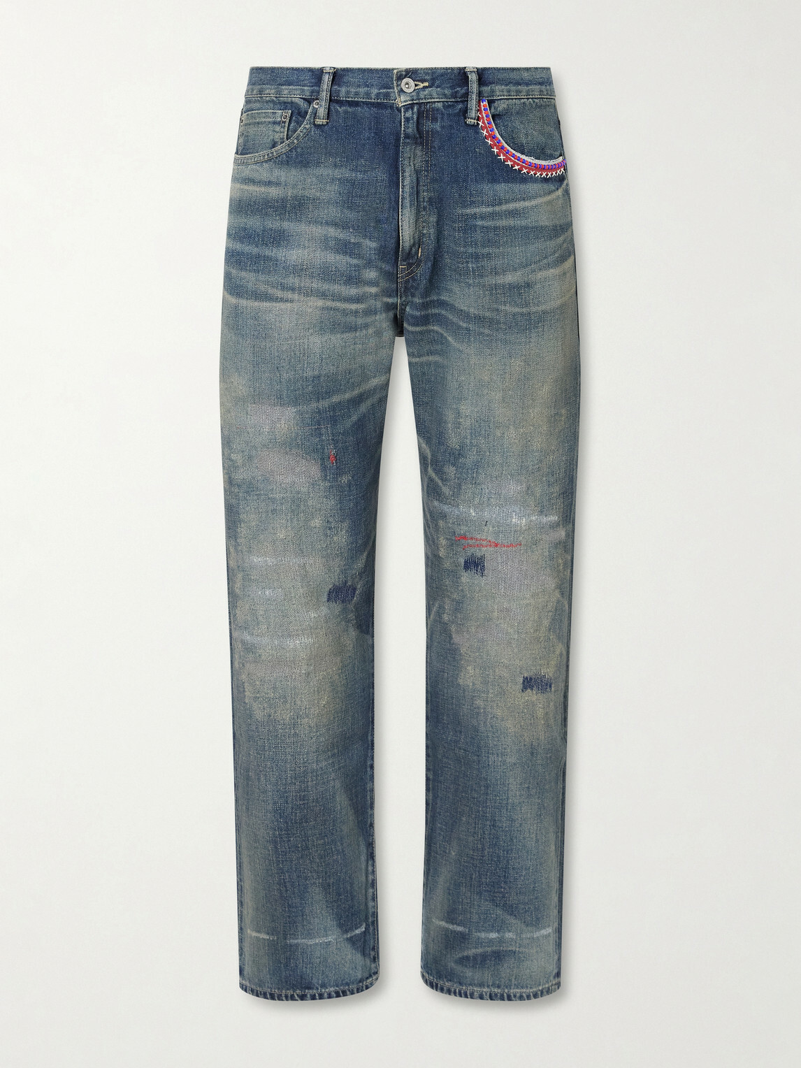 Neighborhood - Savage Straight-Leg Bead-Embellished Distressed Jeans - Blue