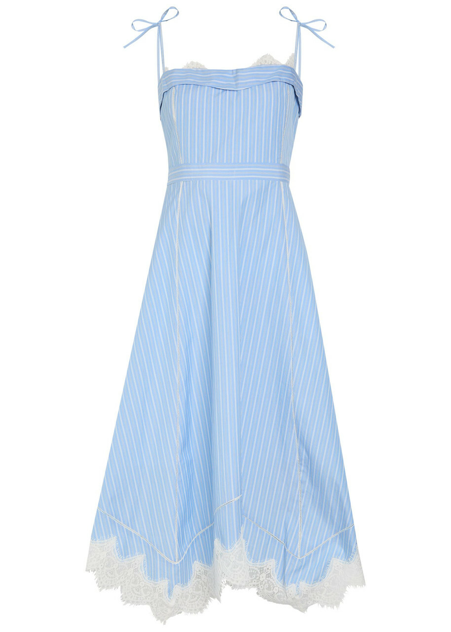 Simkhai Avaleigh Striped Lace-trim Cotton Midi Dress Blue