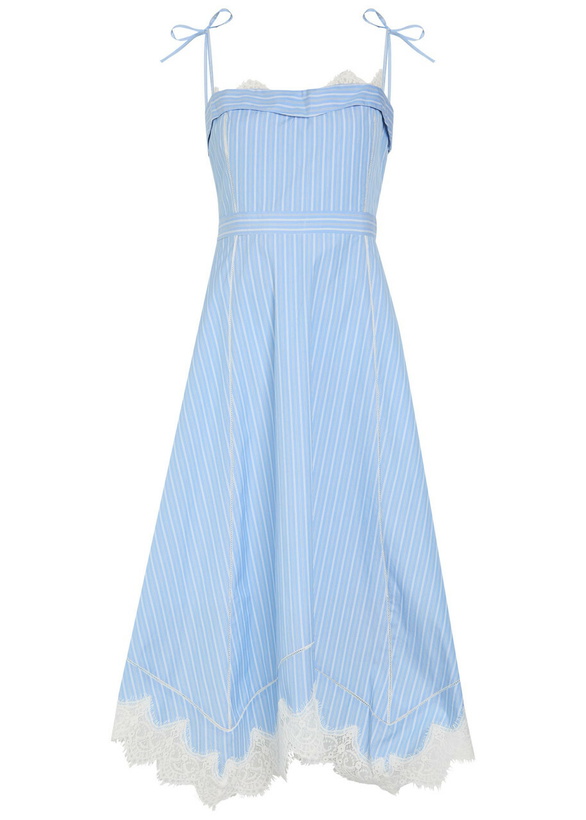 Photo: Simkhai Avaleigh Striped Lace-trim Cotton Midi Dress Blue