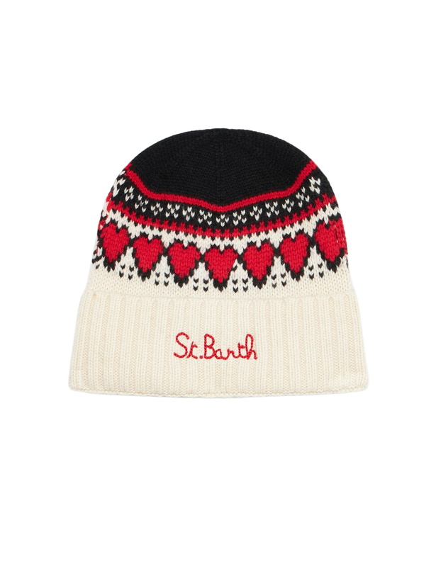 Photo: MC2 Saint Barth Woman White Beanie With Fair Isle Heart Jacquard
