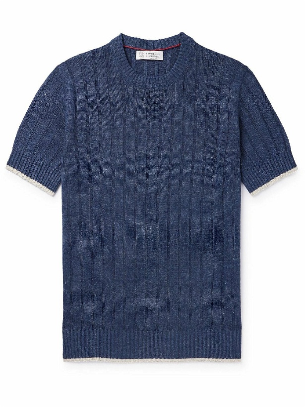 Photo: Brunello Cucinelli - Contrast-Tipped Linen and Cotton-Blend T-Shirt - Blue