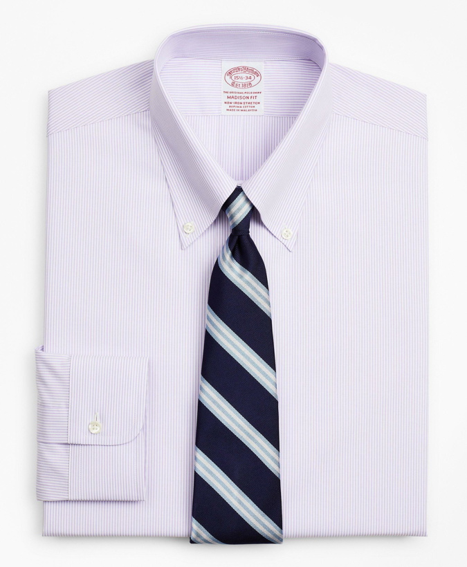 Photo: Brooks Brothers Men's Stretch Madison Relaxed-Fit Dress Shirt, Non-Iron Poplin Button-Down Collar Fine Stripe | Lavender