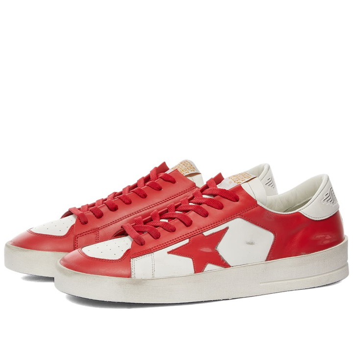 Photo: Golden Goose Men's Stardan Leather Sneakers in White/Red