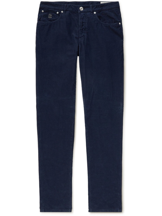 Photo: BRUNELLO CUCINELLI - Slim-Fit Tapered Cotton-Corduroy Trousers - Blue