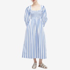 GANNI Women's Stripe Cotton Open-neck Smock Long Dress in Silver Lake Blue