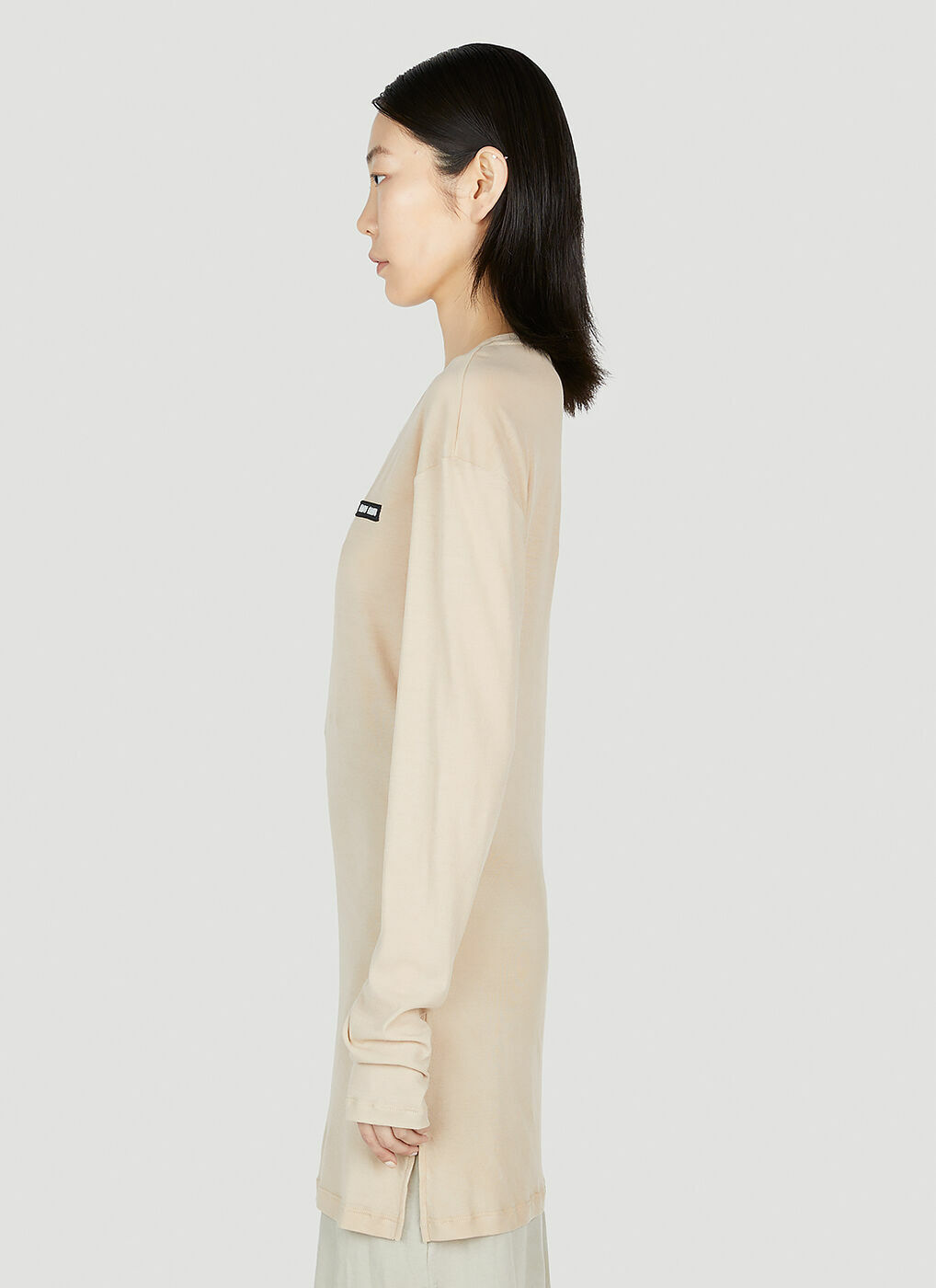 Miu Miu - Logo Patch Long Sleeve T-Shirt in Beige Miu Miu