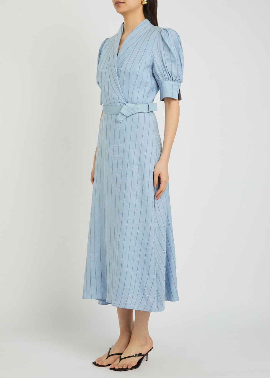 Rebecca Vallance Effie Pinstripe Belted Linen-blend Midi Dress Light Blue