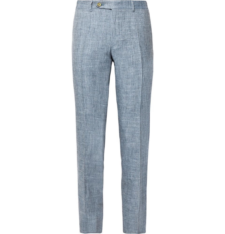 Photo: Canali - Dusty-Blue Kei Slim-Fit Tapered Mélange Linen and Silk-Blend Suit Trousers - Blue