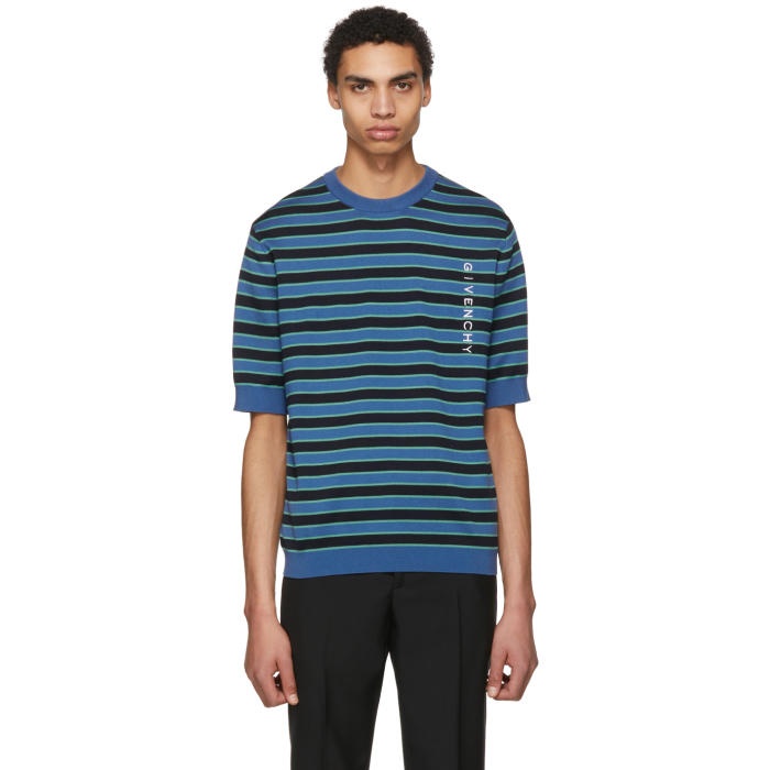 Photo: Givenchy Blue Short Sleeve Striped Logo Sweater 